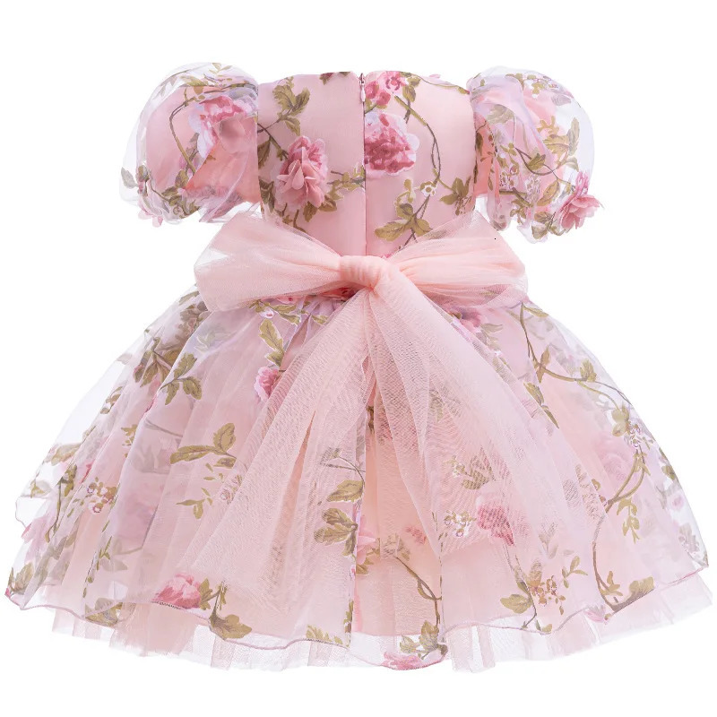Rose Girls Dress Summer Mesh Fashion Bow Little Princess Baby Dress Christmas Birthday Gifts 1 2 3 4 5 6 Years Kids Clothes 240704