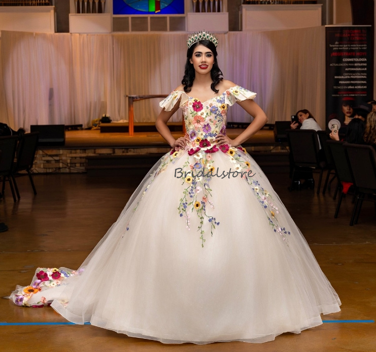 Colorful Flowers Mexican Quinceanera Dresses Charro Mexico Off Shoulders Vestidos De 15 Anos Quinceaneras 2024 Birthday Party Masquerade Pageant Sweet