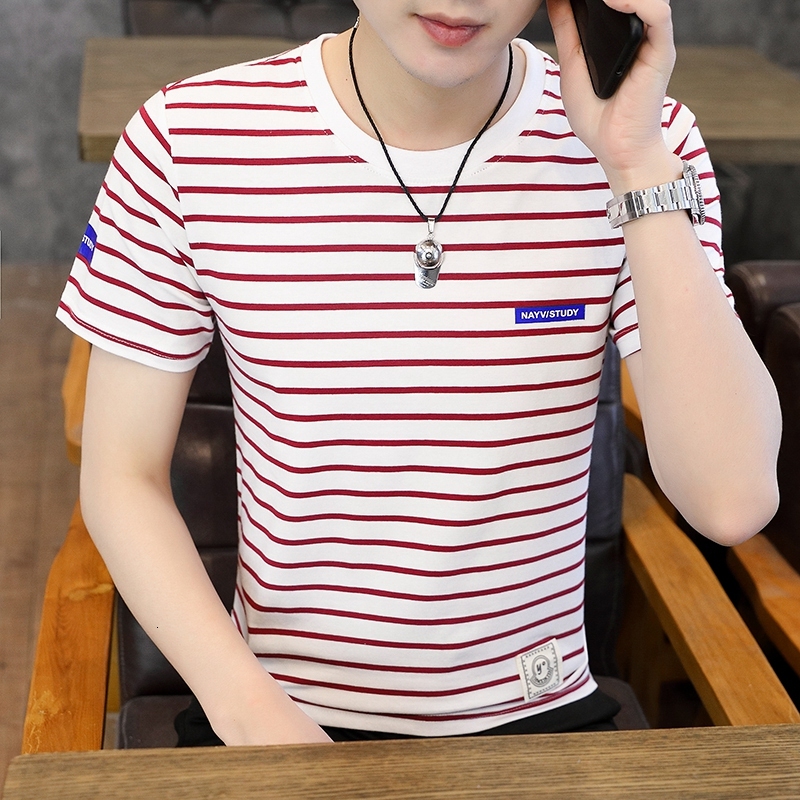 Yuncang Flash Hair 2022 Summer New Round Neck Pure Cotton Striped Short sleeved T-shirt Korean Edition Slim Fit Fashion Casual Men's Wear