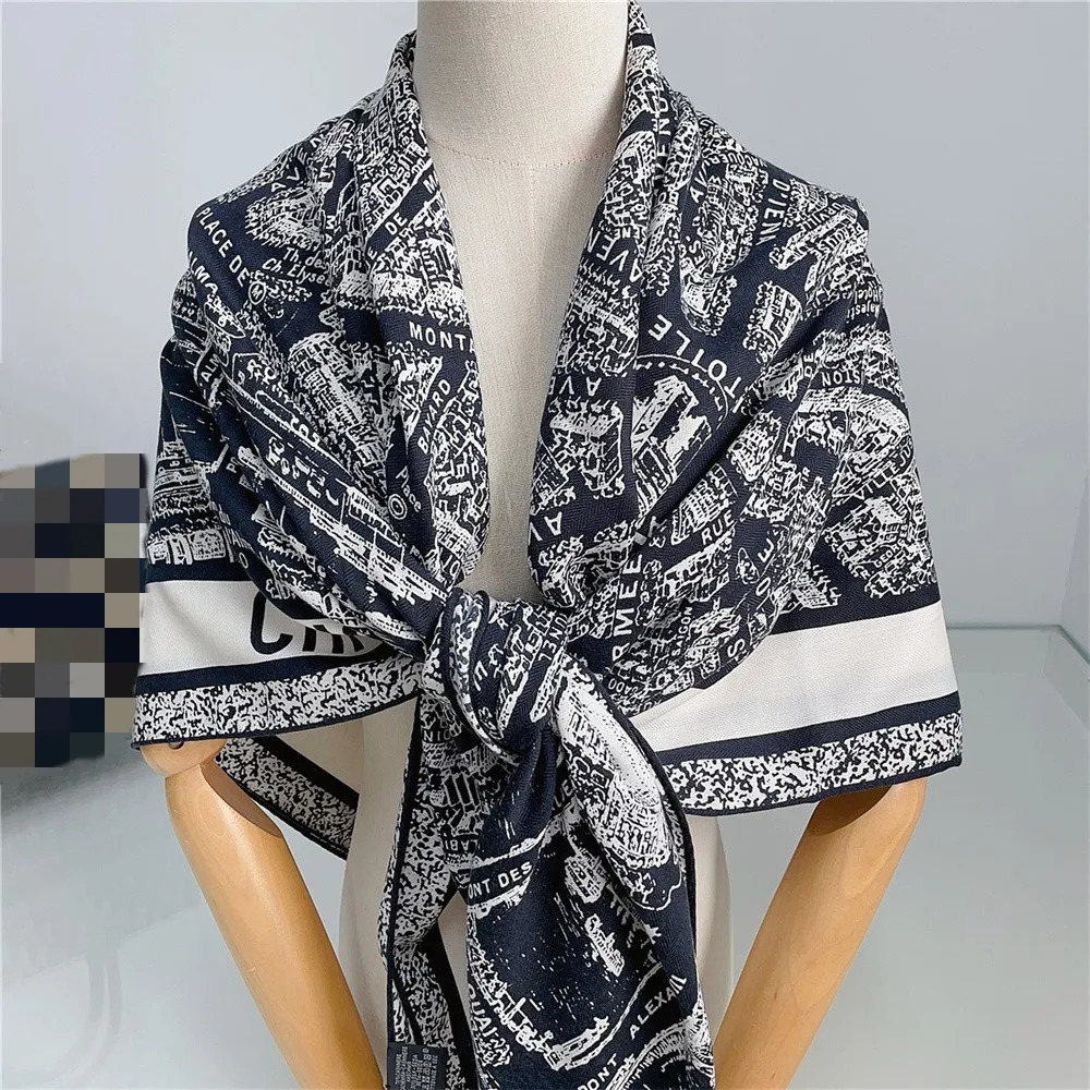 135CM Winter Thicken Silk Cashmere Scarf Women Hand Rolled Shawls Paris City Print Square Scarves Wraps Bandana Big Hijab Female 240712