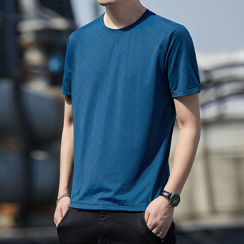 Lighing Delivery 2024 Summer New B-shaped Short Thin Silk Trendy Brand Half Sleeve T-shirt for Men, Ice Sensation Top