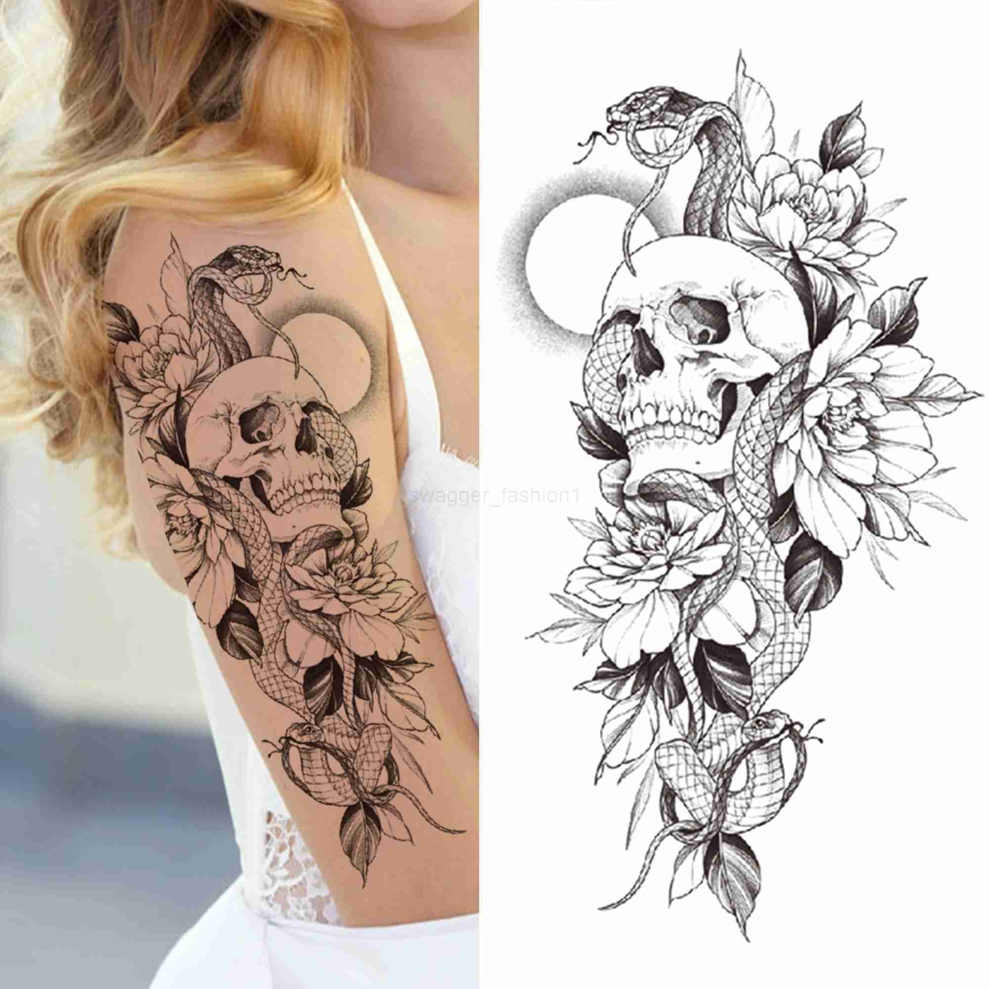 Large Death Skull Snake Flower Temporary Tattoos For Women Men Adult Skeleton Fake Rose Tattoo Sticker Black Peony Body TatooB240713