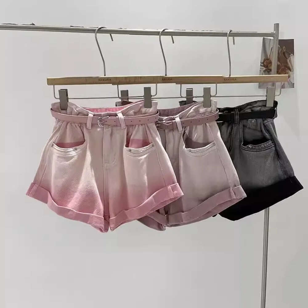 2024 Summer New Korean Sweetheart Gradient Color Spicy Girl Small Curled High Waist Denim Wide Leg Shorts for Women