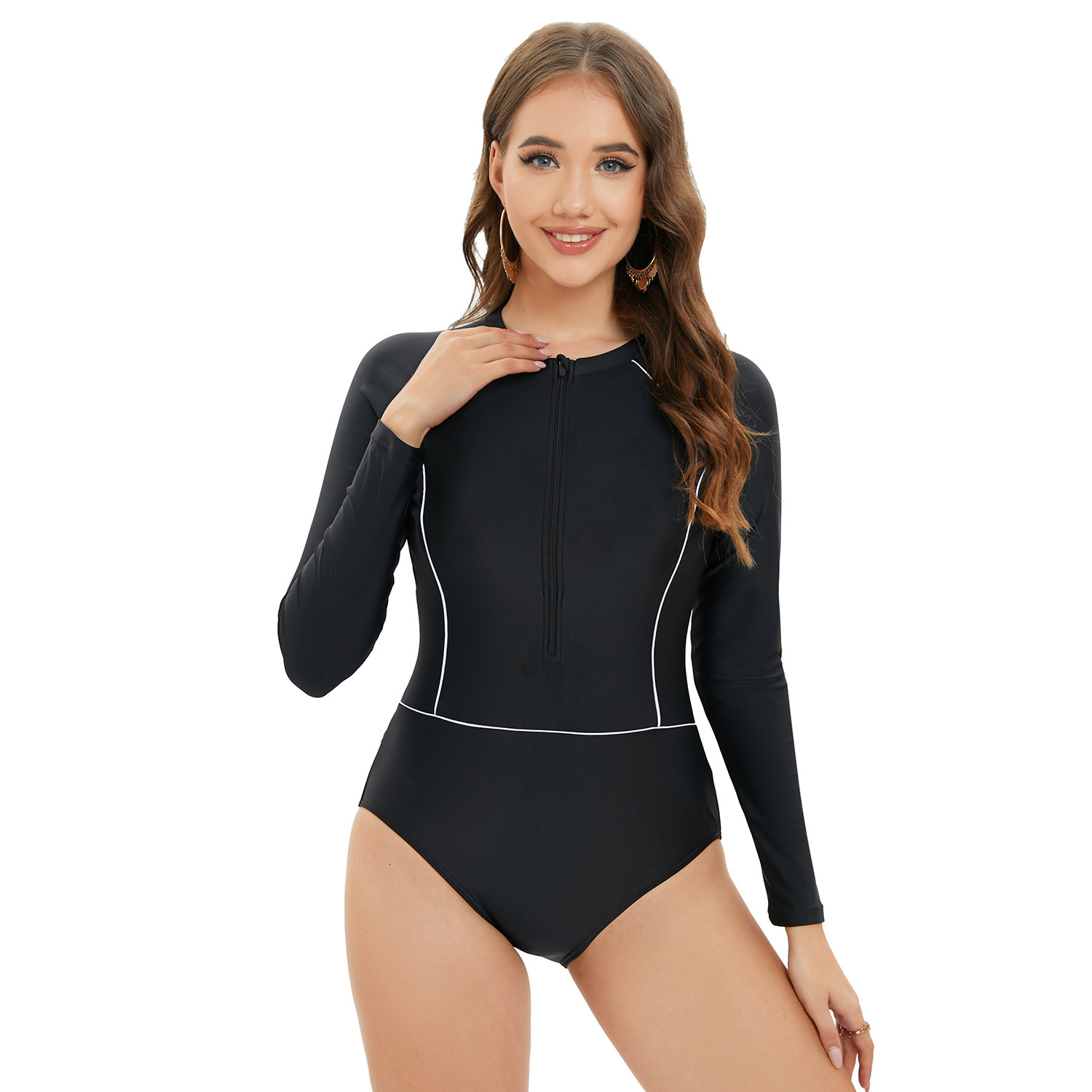 Long Temperament Ventilation Fashion 2024 New Long Sleeved Surfing Zipper One Piece Swimsuit Fashion Clip Design Conservative Diving Suit Waist Short 