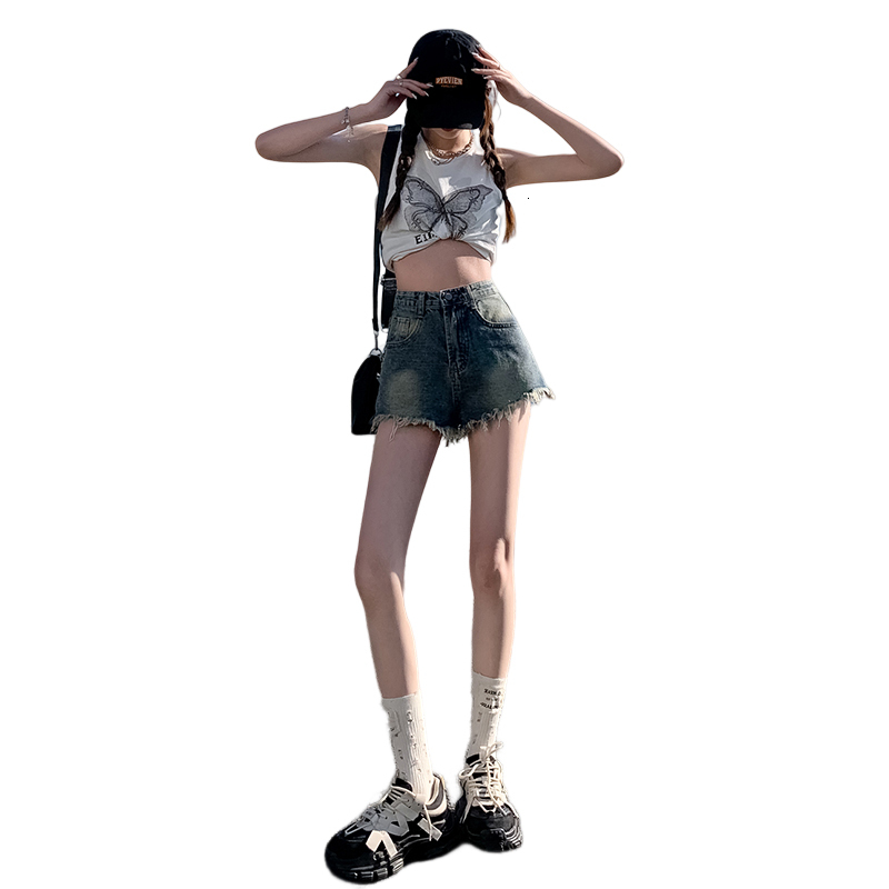 2023 Summer New Denim Shorts Women's Korean Edition Worn Out High Waist Spicy Girl Wide Leg A-line Hot Pants