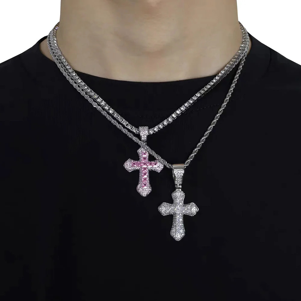 Iced Out Zirconia Cross Pendant Necklaces Fashion Hiphop Rappers Stainless Steel Rope Chain on Neck Homme Trend Jewelry OHP141 240710