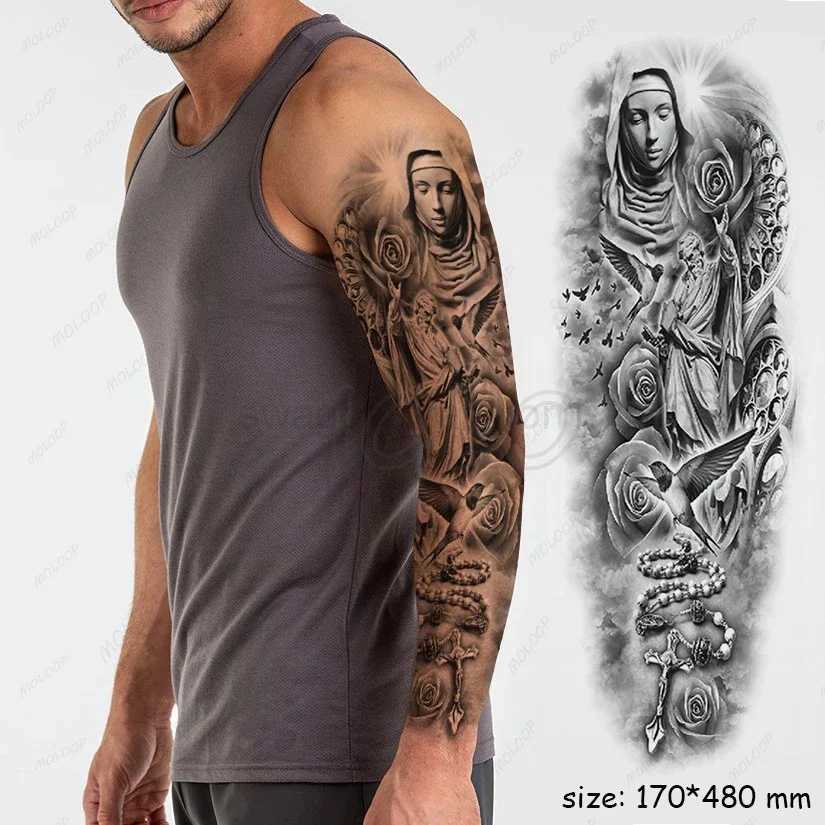 Waterproof Temporary Tattoo Sticker Full Arm Large Virgin Cross Tatoo Stickers Flash Fake Tattoos for Men WomenB240713