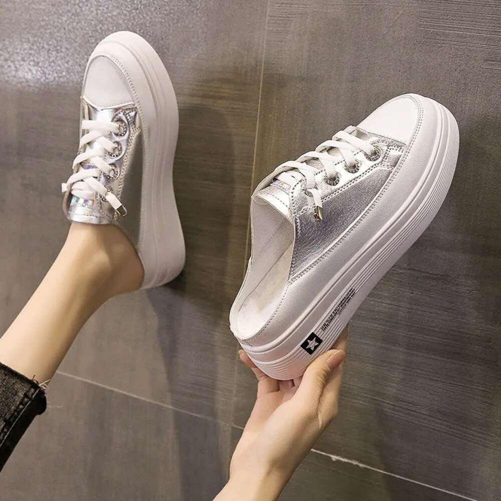 Half set white shoes, women's versatile 2023 spring new item, no heels, lazy person, one foot kick, toe cover, half slippers for wearing outside