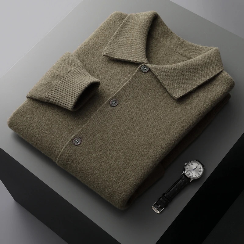 Autumn And Winter 100% Cashmere Cardigan Mens POLO Collar Coat Knitted Baseball Uniform Jacket Bottoming Wool Sweater 240702