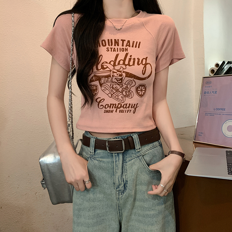 New product lightig delivery summer Korea versio sweet ad spicy roud eck cartoo prit shoulder ciched waist slim fit short sleeved T-shirt top for