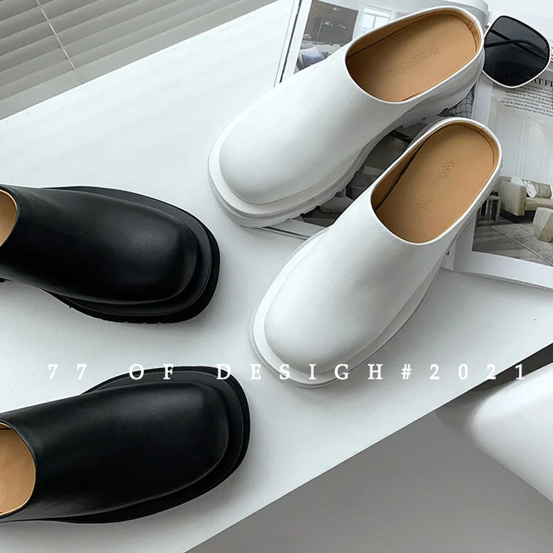Womens Sliding Summer Fashion Leather Shoes Loafers High Platform Sliding Womens Black High Heeled Mule Shoes Vc3474 240713