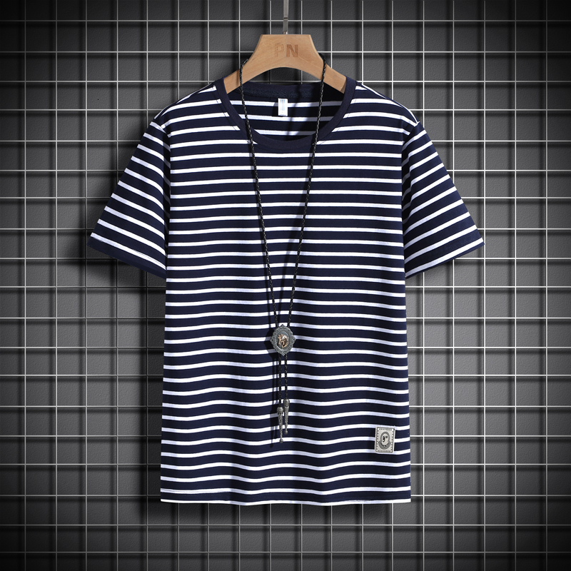 2024 Summer Loose Large Size Thin Striped Round Neck T-shirt High end Men's Sports Shirt Short Sleeve Pure Cotton