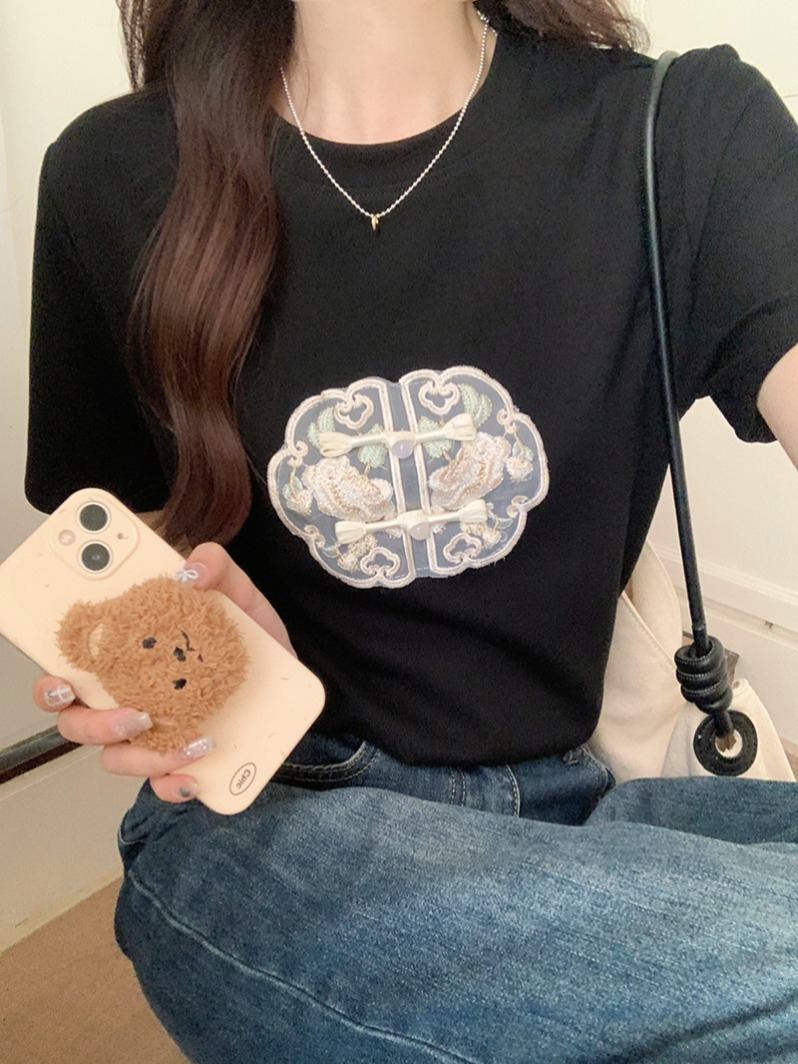 New product lighing delivery new Chinese style 180g cotton pull frame sleeved T-shirt women's summer embroidery slim fit shoulder short round nec