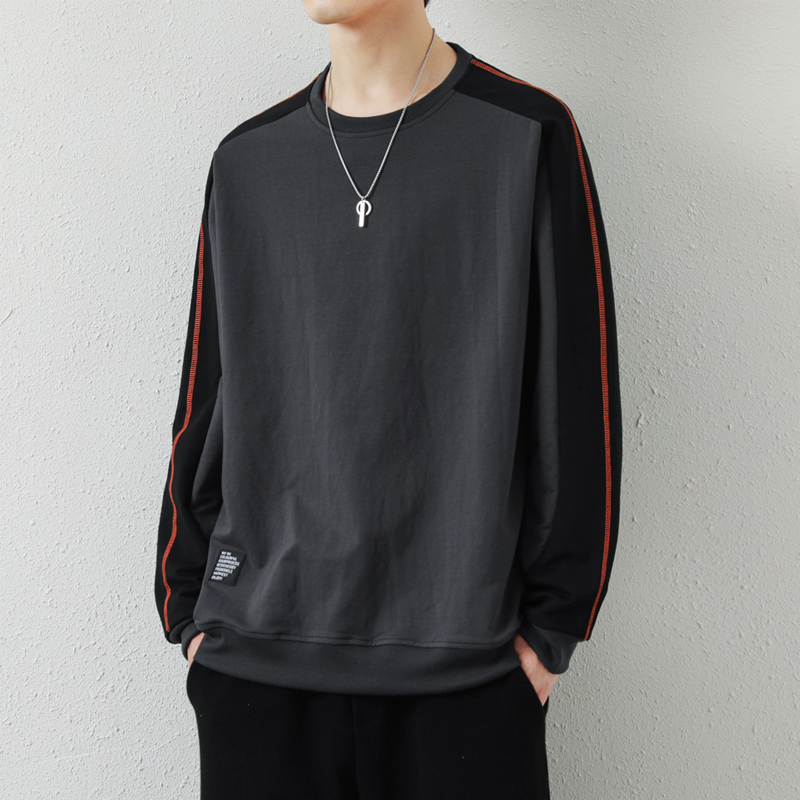 Autumn new spliced men's high-quality cotton hoodie, color blocked round neck long sleeved T-shirt jacket, two-fold high conversion