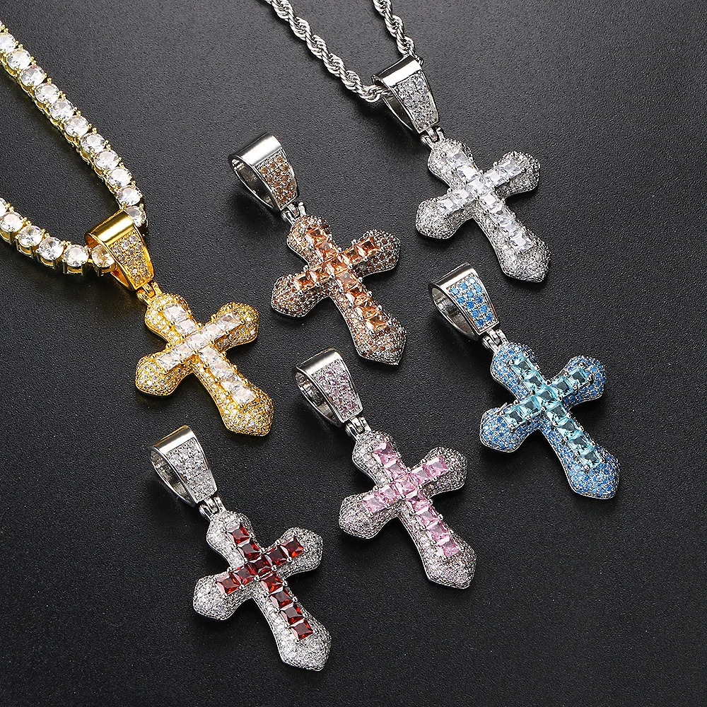 Iced Out Zirconia Cross Pendant Necklaces Fashion Hiphop Rappers Stainless Steel Rope Chain on Neck Homme Trend Jewelry OHP141 240710