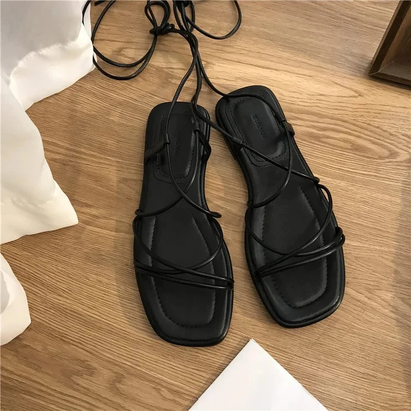 Sandals Womens Summer 2024 Beach Fashion Sexy Flat Casual Cross Tie Open Toe Fairy Style Narrow Band Shoes Black Roman Sandals 240712