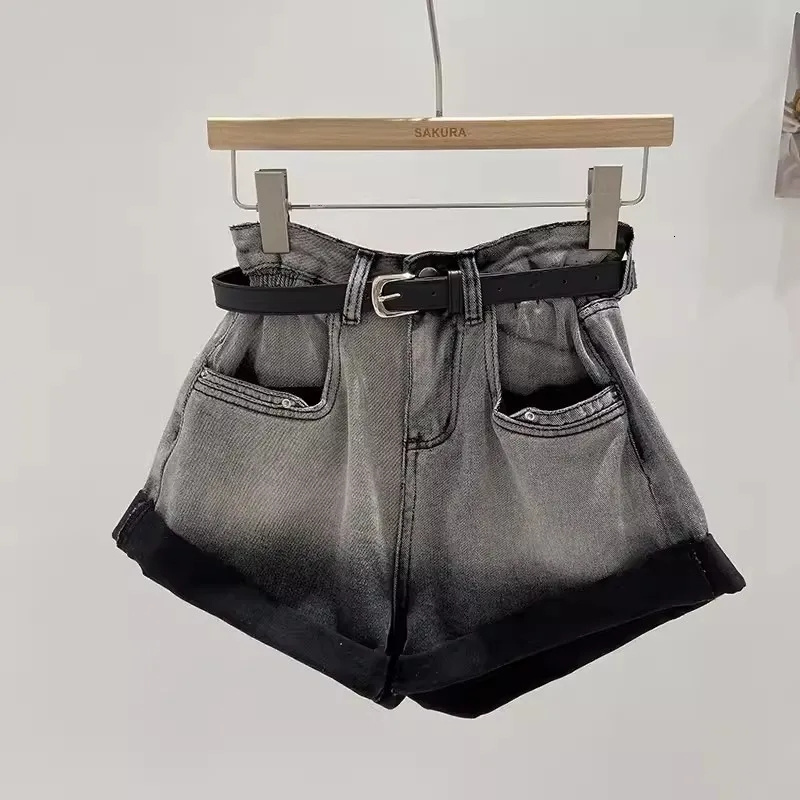 2024 Summer New Korean Sweetheart Gradient Color Spicy Girl Small Curled High Waist Denim Wide Leg Shorts for Women