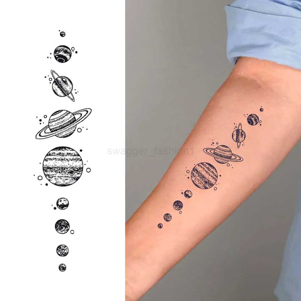 1pc Small Geometric Temporary Tattoo Stickers Black Water Transfer Tattoo Minimalist Outer Space Planet Design Fake Tattoo WomenB240713