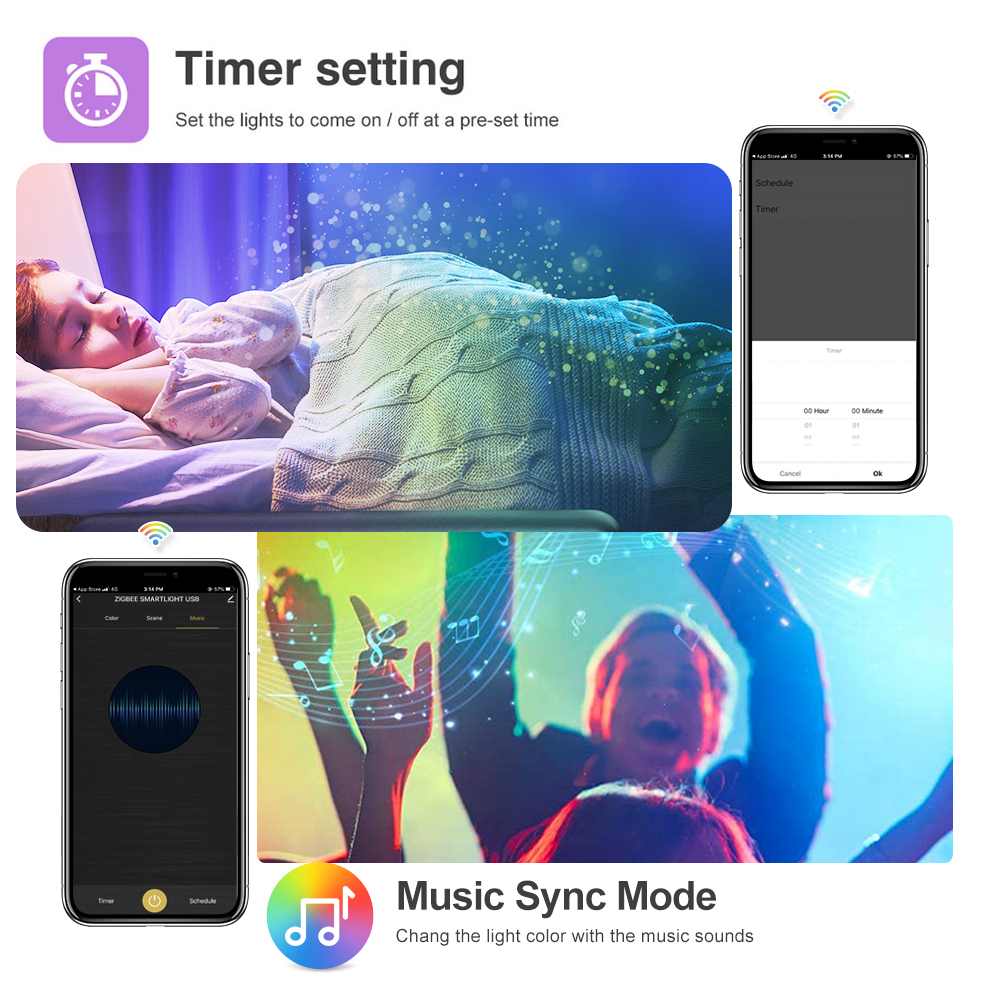 Smart Tuya Zigbee Led Strip Light Wifi USB TV Led Backlight Tape RGB Lights Works with Alexa /Zigbee Hub/Google /Smartthings D2.0