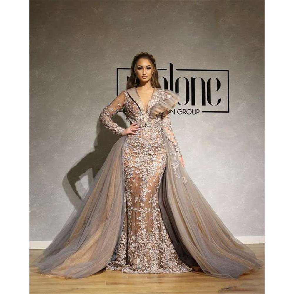 Dubai Urious Lace Evening Dresses Deep V Neck Mermaid Beaded Long Sleeves Prom Dress Sexy Formal Party Pageant Gowns 0920