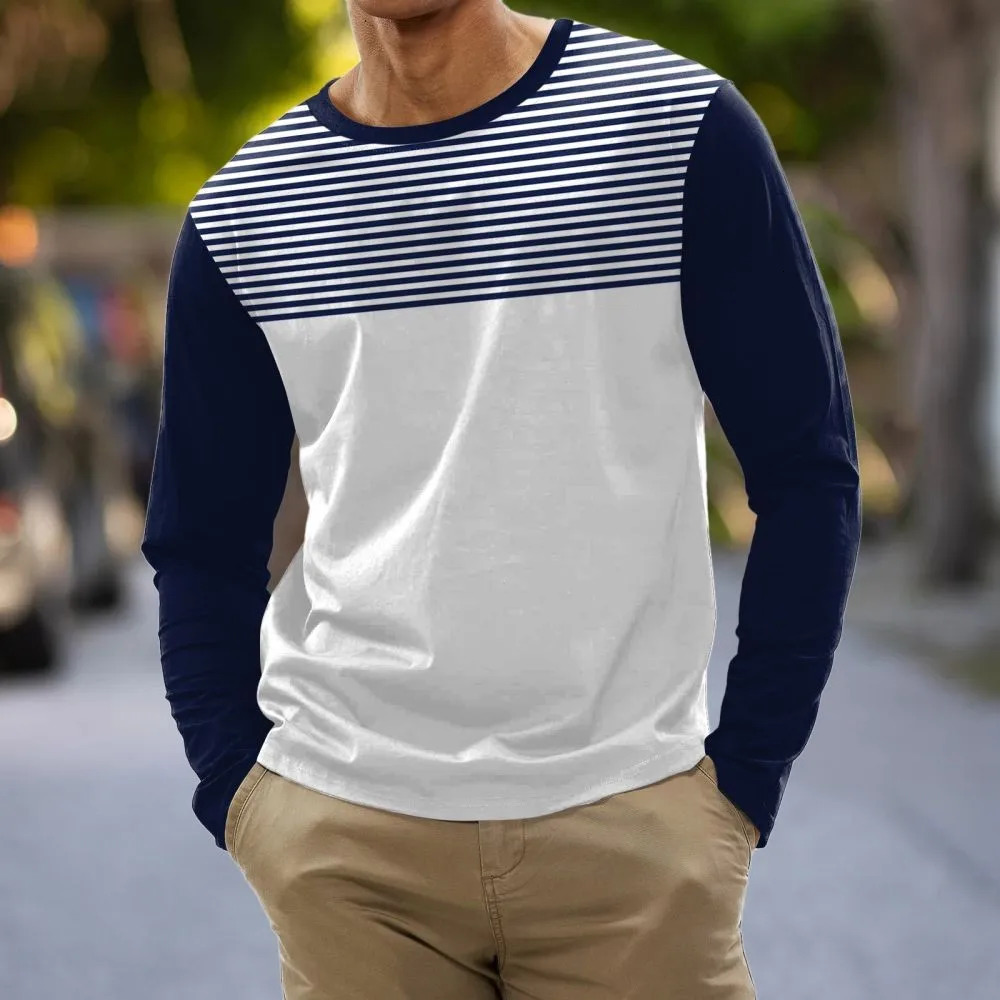 Cotton Stripe T Shirt For Mens Long Sleeve Tops ONeck Pullover Oversized Autumn Clothing Sports Casual Male Tees 240712