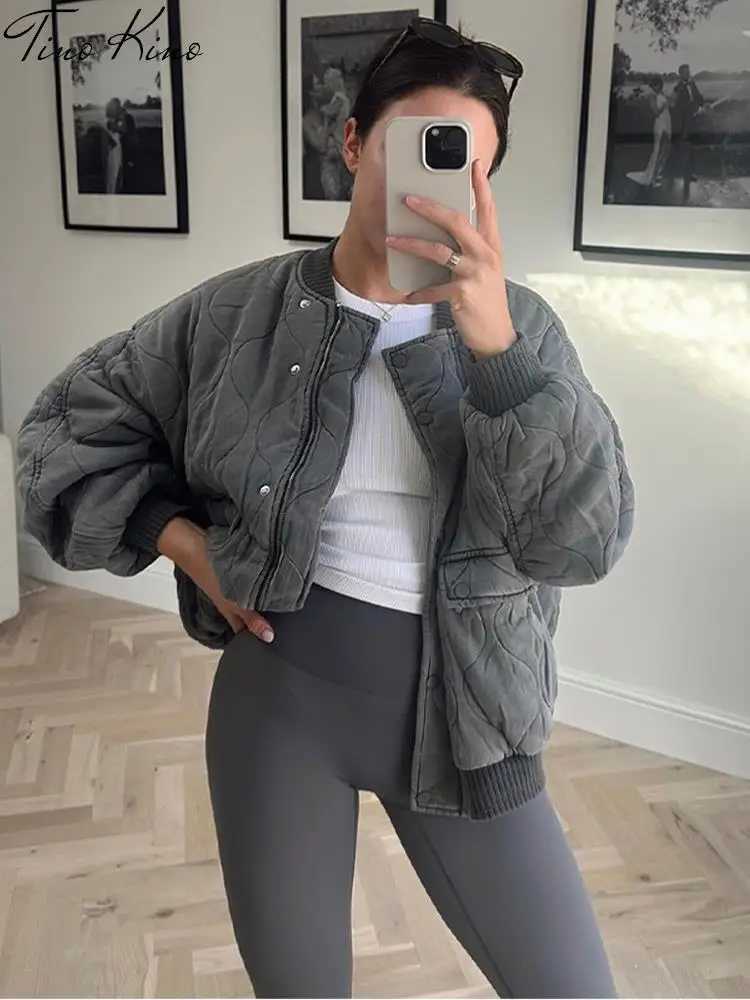 Womens Jackets Loose fitting womens bomber jacket gray long sleeved Oneck short sleeved jacket womens 2023 autumn and winter fashion button pocket wom