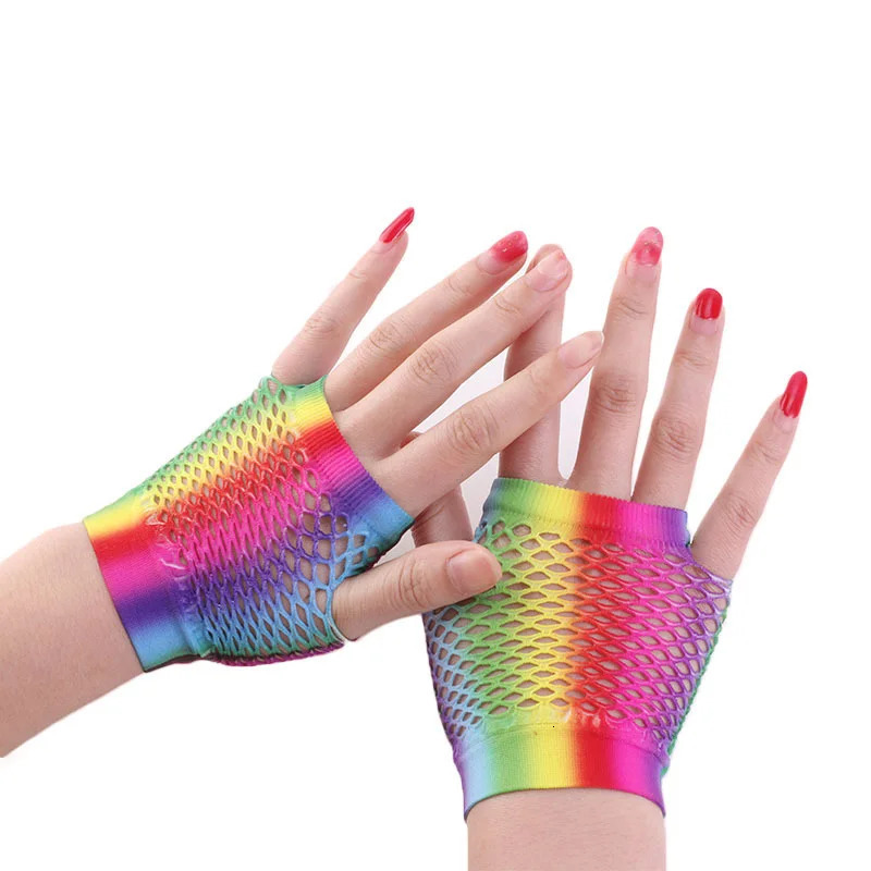 1pair Rainbow Color Ladies Sexy Mesh Net Fishnet Gloves Women Hollow Out Holes Fingerless Gloves Lady Disco Dance Costume Mitten 240713