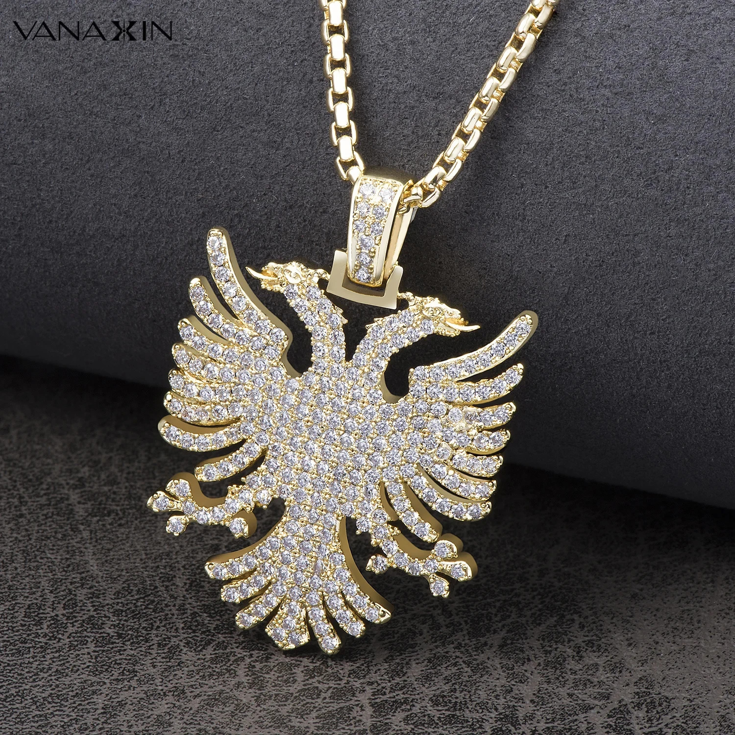 VANAXIN Iced Out Pendant Albanian Eagle Hip Hop Necklace CZ Zircon Folk Ethnic Style Jewelry Gift240703