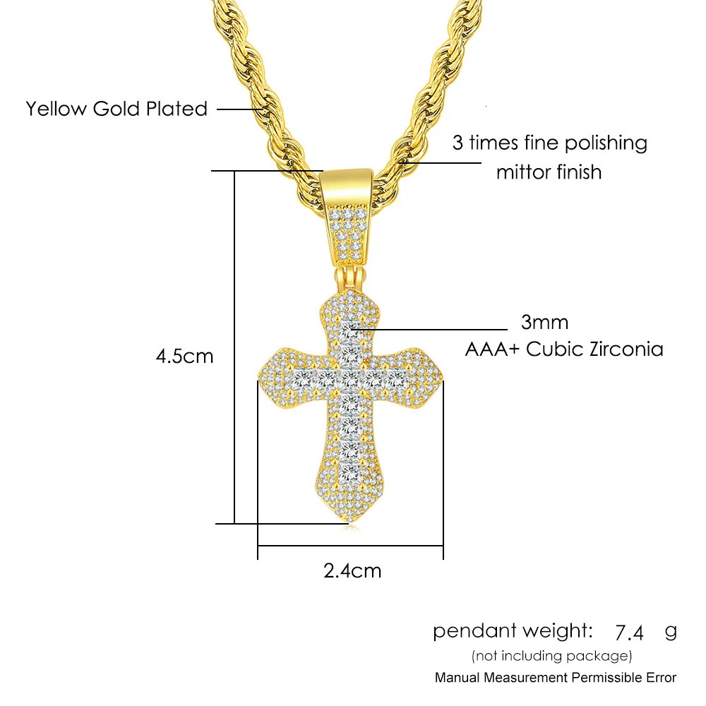 Iced Out Zirconia Cross Pendant Necklaces Fashion Hiphop Rappers Stainless Steel Rope Chain on Neck Homme Trend Jewelry OHP141 240710