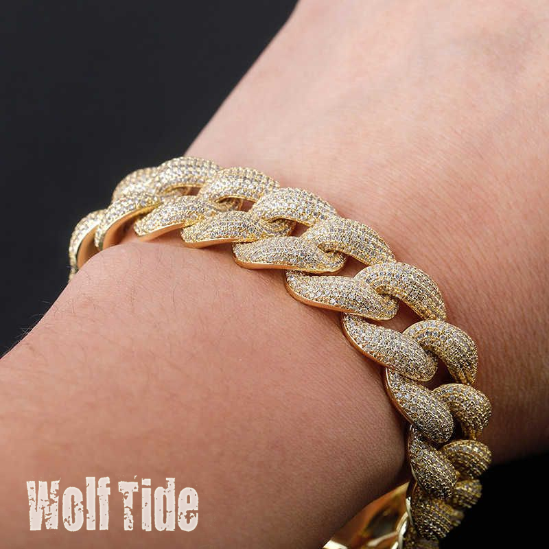 18mm Mens Hip Hop Cuban Link Chain Bracelet Spring Buckle Full Iced Out Cubic Zircon Curb Chains For Men 14K Real Gold Persoalized Party Wolf Tide Jew