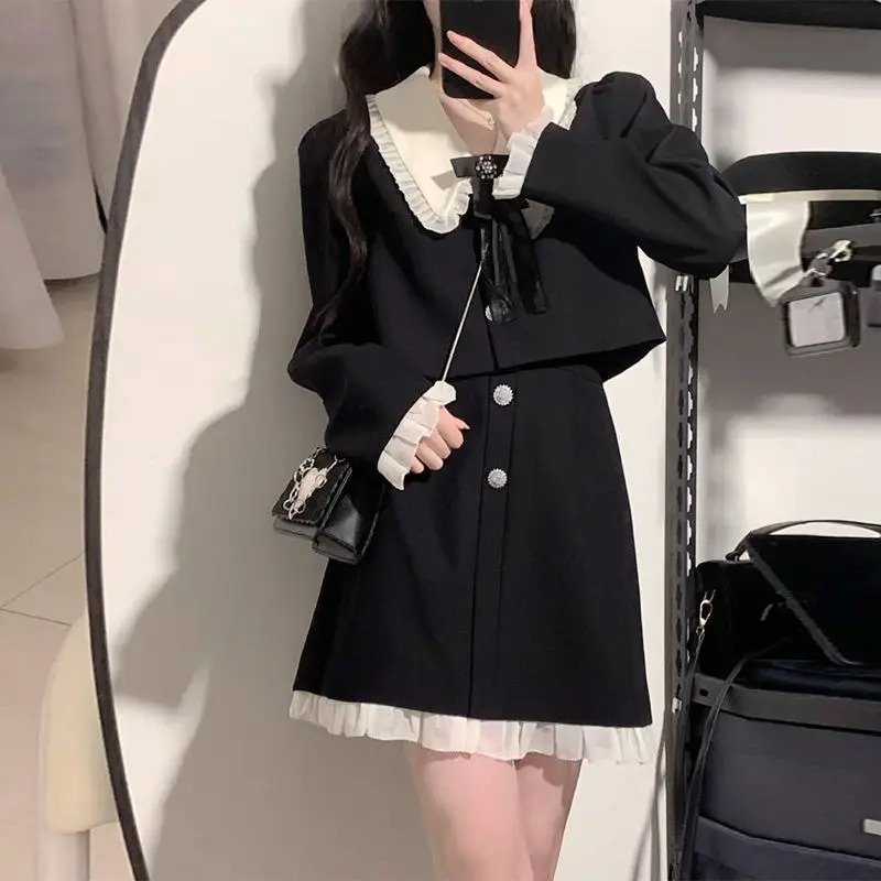 Spring French Audrey Hepburn Style Sweet Petite Dress TwoPiece Set College Blazer Women Female Office Lady 240704