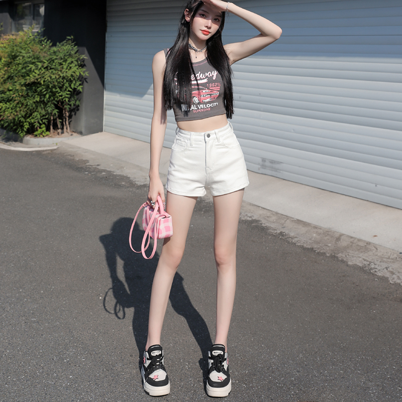 American Casual 2024 Water Wash A-line High Waist Denim Shorts Spicy Girl Tight Wrap Hip Hot Pants Summer