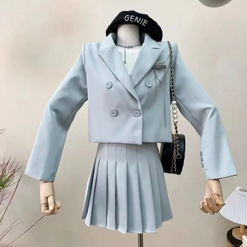 Spring and Autumn Style Womens Suit Jacket Doublebreasted Blazer Top High Waist A Line Pleated Skirt Twopiece Set 240704