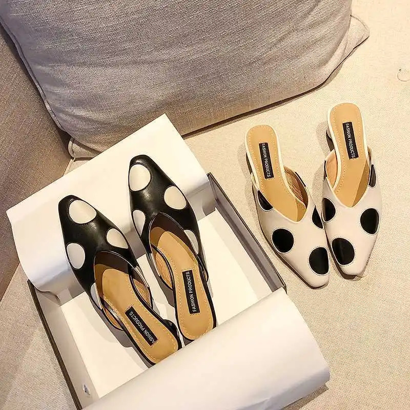 Womens elegant mule womens summer casual dot toe slider womens low high heels polka dot sandals office shoes Zapatos de mujer 240713