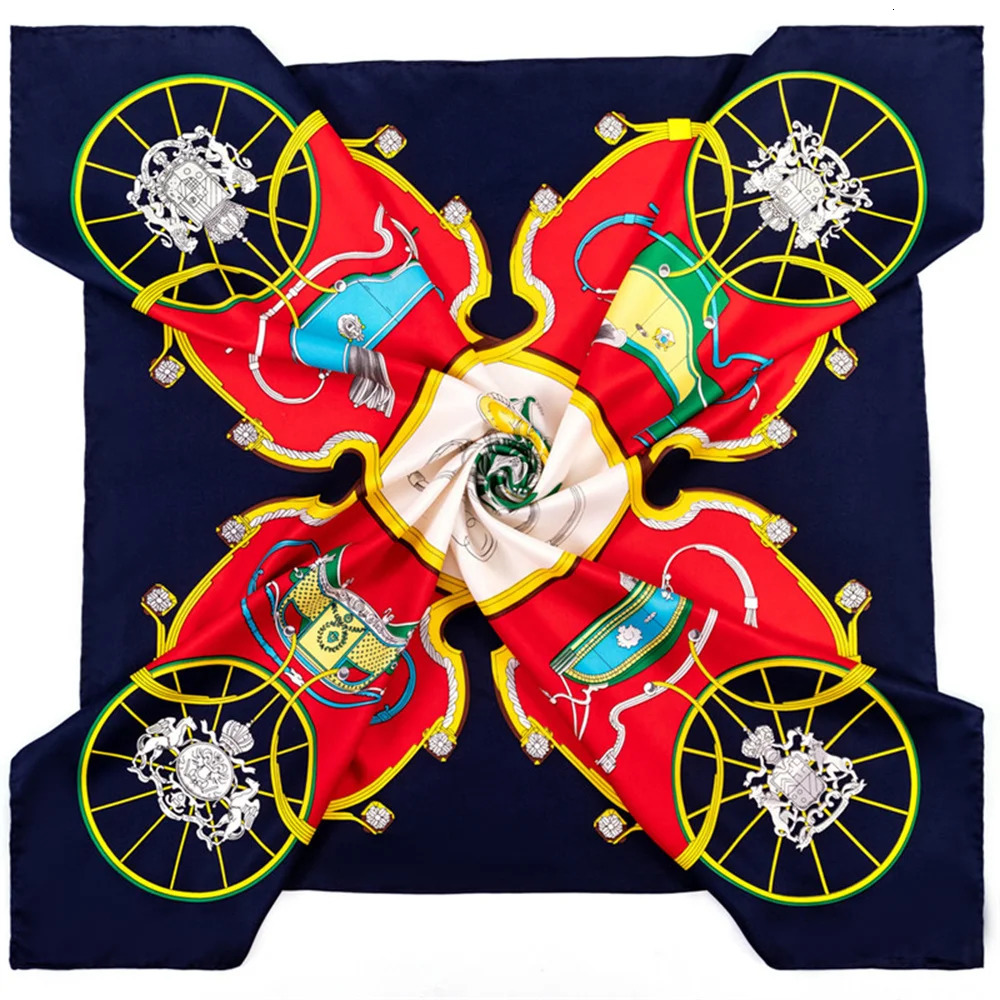 90CM Manual Hand Rolled Twill Silk Scarf Women Pumpkin Carriage Print Square Scarves Wraps Echarpes Curled Femme Bandana Hijabs 240712