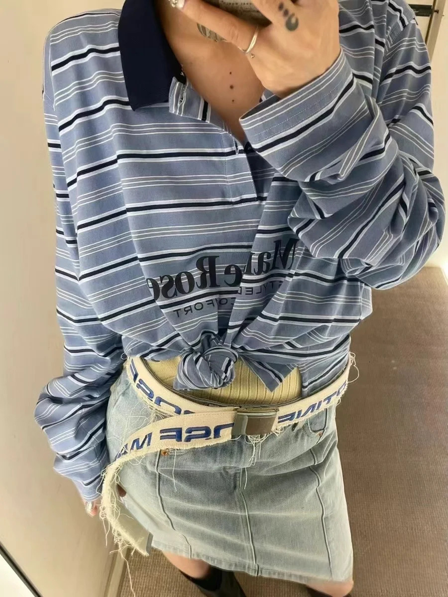 2024 Blue Striped Polo Long-sleeved T-shirt American Retro Loose Spring and Autumn Style for Men Women Unisex 240708