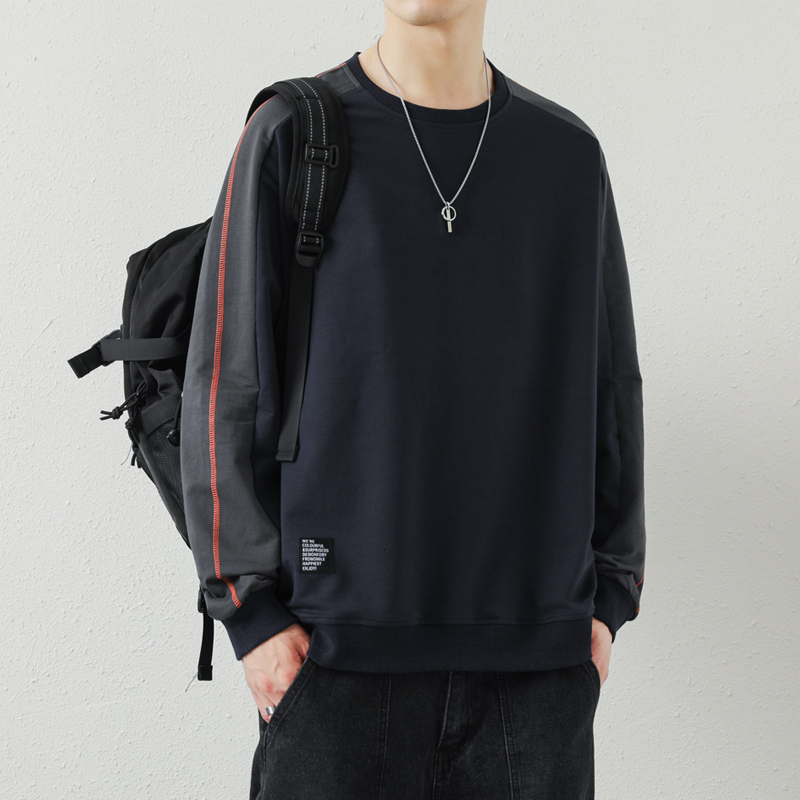 Autumn new spliced men's high-quality cotton hoodie, color blocked round neck long sleeved T-shirt jacket, two-fold high conversion