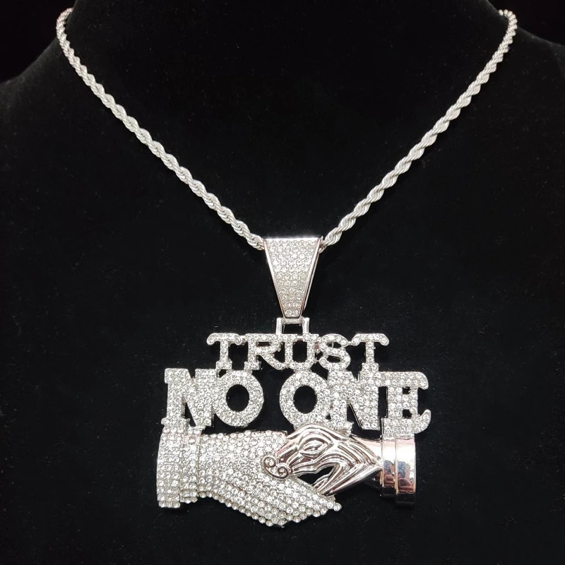 Men Women Hip Hop Trust no one Pendant Necklace with13mm Cuban Chain Hiphop Iced out pendant Necklaces Fashion Punk Jewelry Gift 240713