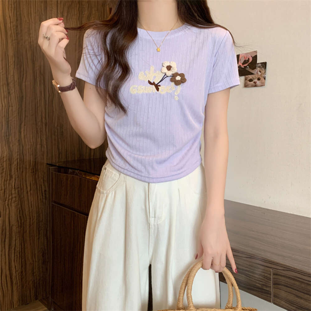 New Summer Collection Women's Round Neck Embroidered Striped with Waist Tight Fit and Short Sleeves T-shirt for Women