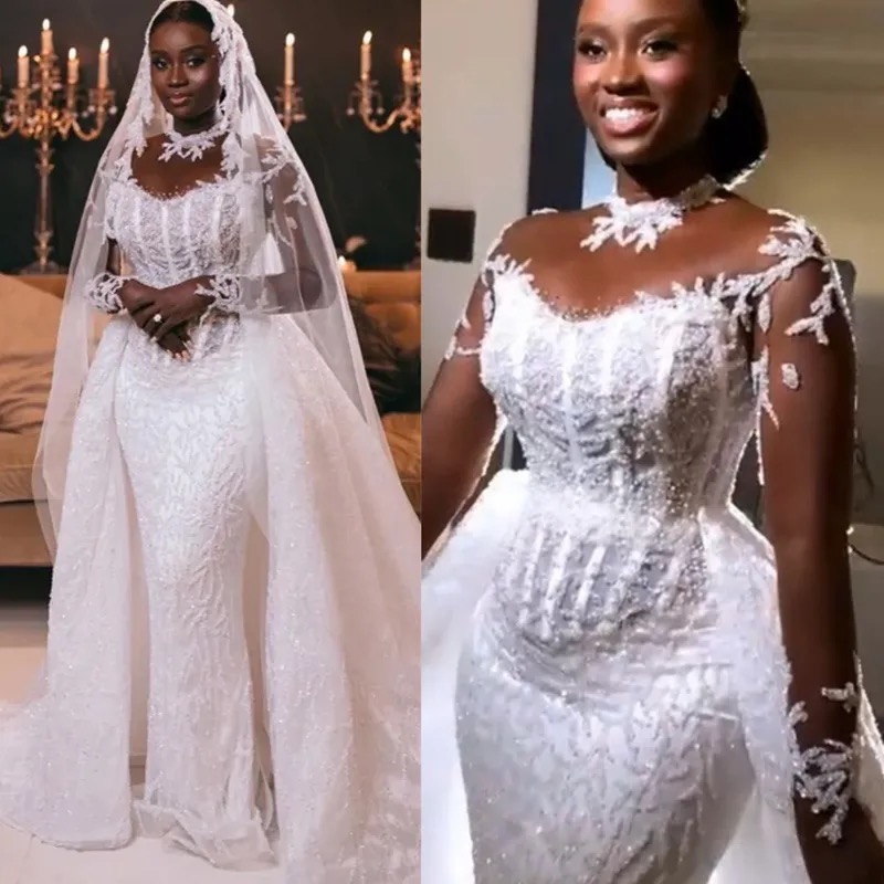 Luxurious Wedding Dresses Country Mermaid Long Sleeves Gorgeous Bridal Dress with Detachable Train Lace full Beaded Tulle Gowns Free shippin