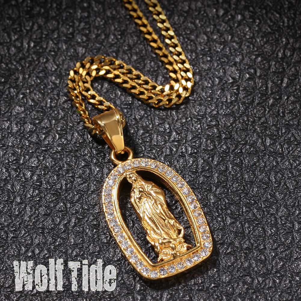 New Gold Hip Hop Bling Diamond The Virgin Mary Pendant Necklace Chain for Men Bijoux Rapper Mens Cuban Chains Wolf Tide Jewelry Gifts for Guys