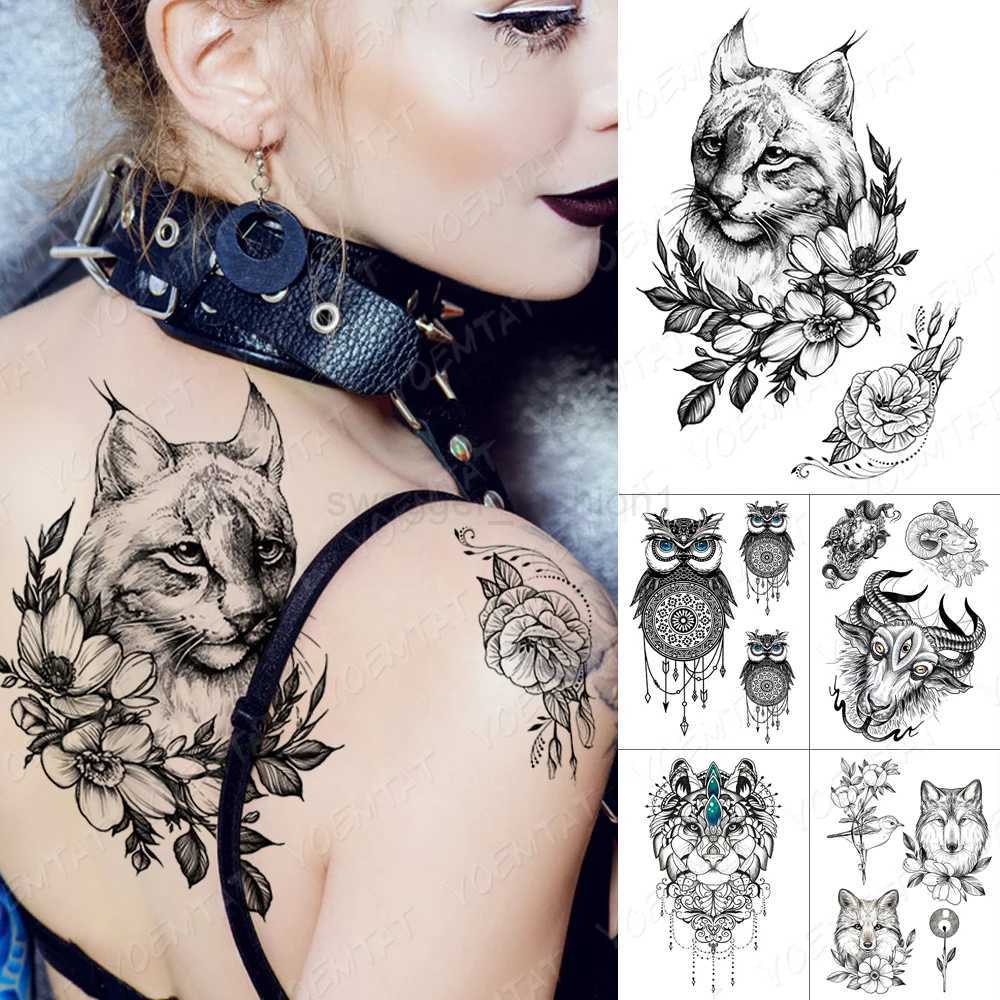 Waterproof Temporary Tattoo Sticker Flowers Cat Lynx Flash Tattoos Owl Satan Goat Body Art Arm Fake Tatoo Women MenB240713