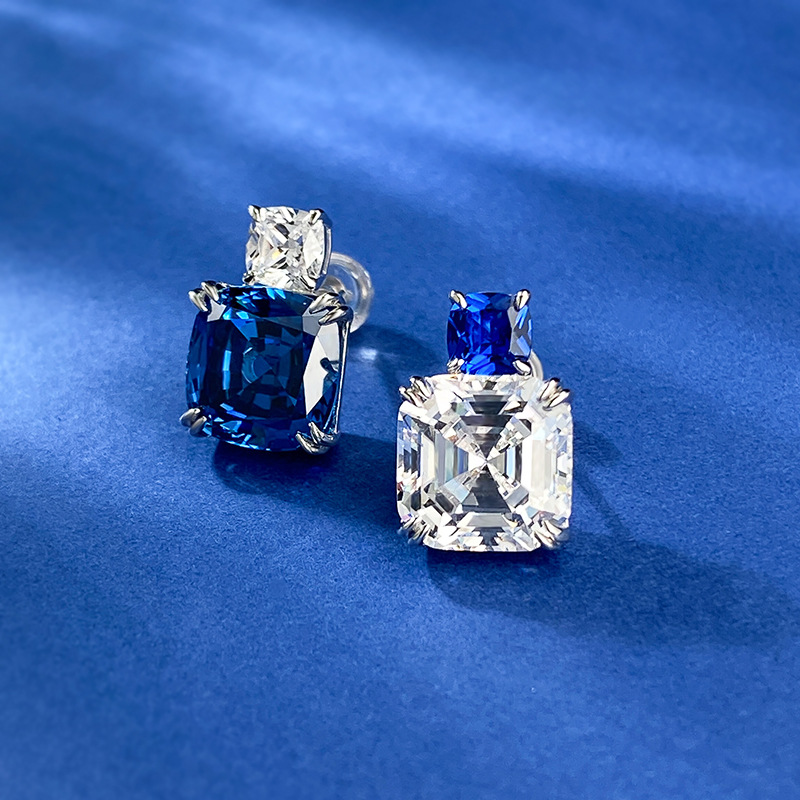 Dangle Earrings: Emerald Cut Moissanite & Sapphire, Real Sterg Sier, Jewelry for Women 4ccc