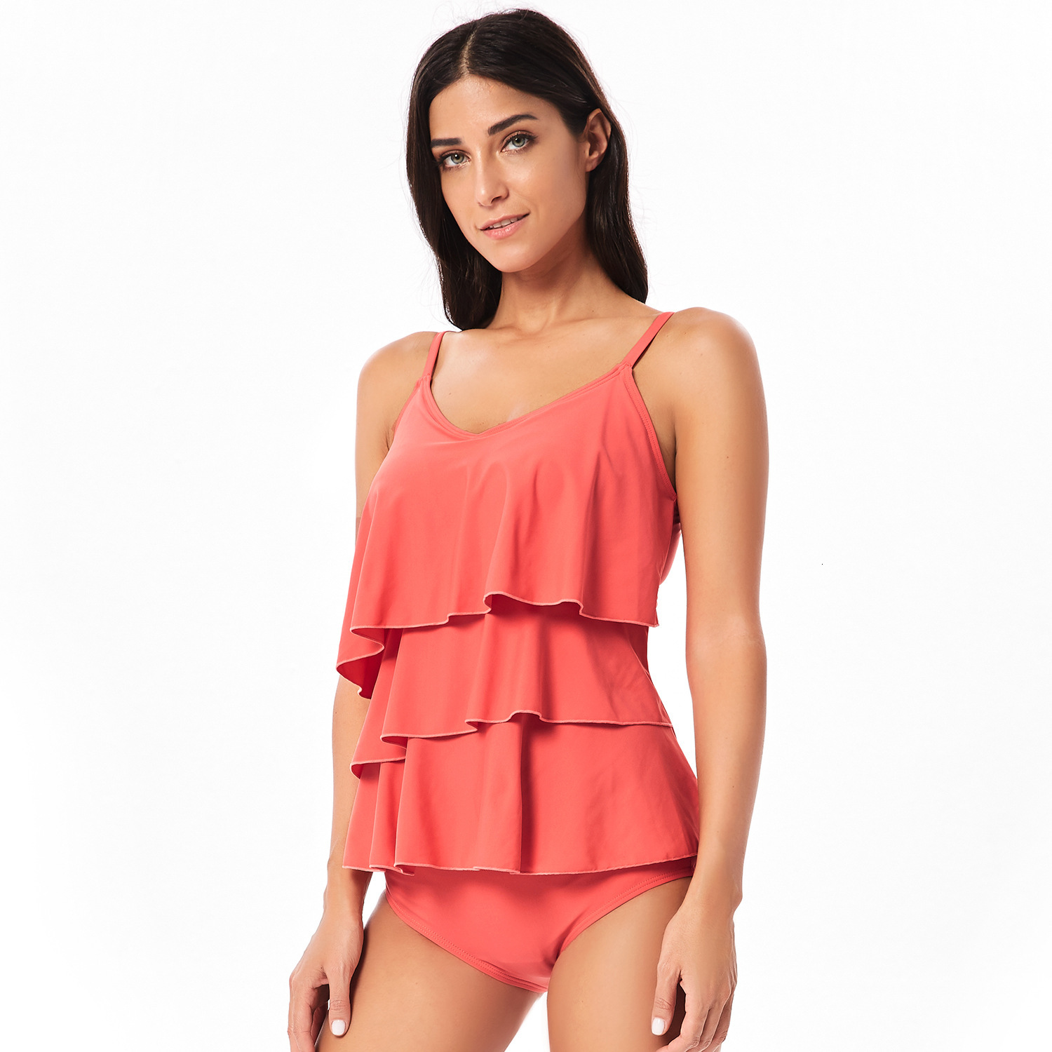 Leisure Time Women's with Ruffled Edges, Split Body Swimsuit, Slimming and Belly Covering, Conservative Solid Color Suspender Swimsuit Short Wais