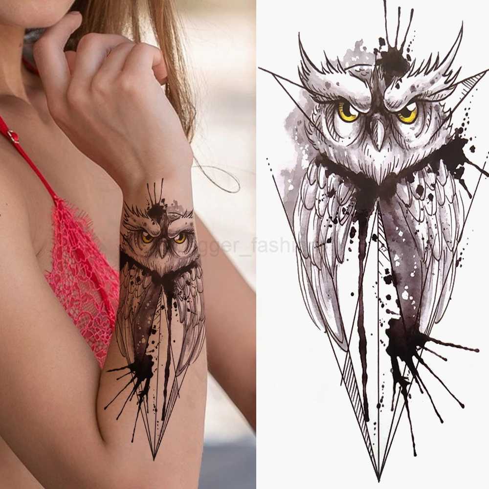 Geometry Owl Temporary Tattoo For Women Fake Wolf Tiger Deer Triangle Tatoo Sticker Black Moon Flower Body Art Tattoos PaperB240713