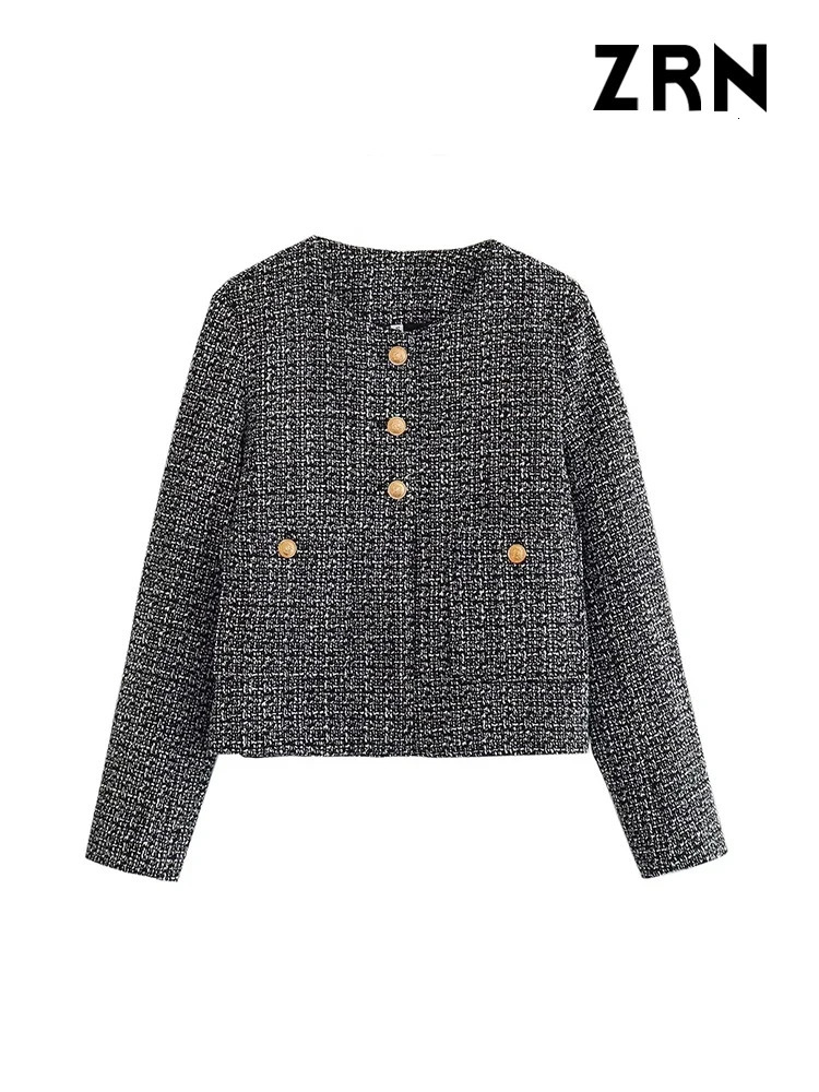 ZRN Women Fashion With Pockets Tweed Jack Coat Vintage Long Sleeve Front Button Female Outerwear Chic Tops 240712
