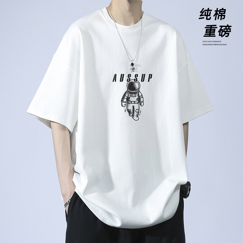 Lighing Delivery T-shirt Summer Astronaut Printed Men's Loose Trendy Brand American Pure Cotton Short sleeved Men