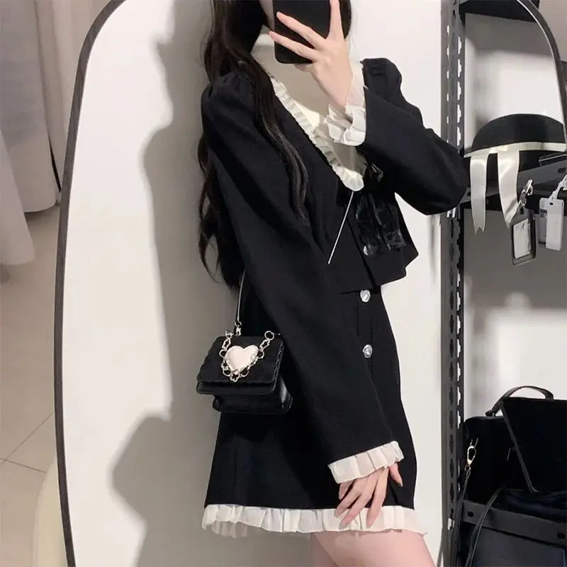 Spring French Audrey Hepburn Style Sweet Petite Dress TwoPiece Set College Blazer Women Female Office Lady 240704