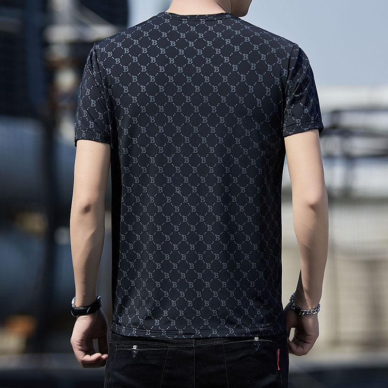 Lighing Delivery 2024 Summer New B-shaped Short Thin Silk Trendy Brand Half Sleeve T-shirt for Men, Ice Sensation Top