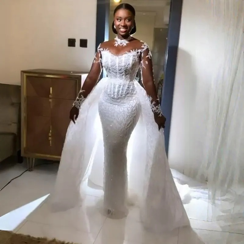 Luxurious Wedding Dresses Country Mermaid Long Sleeves Gorgeous Bridal Dress with Detachable Train Lace full Beaded Tulle Gowns Free shippin